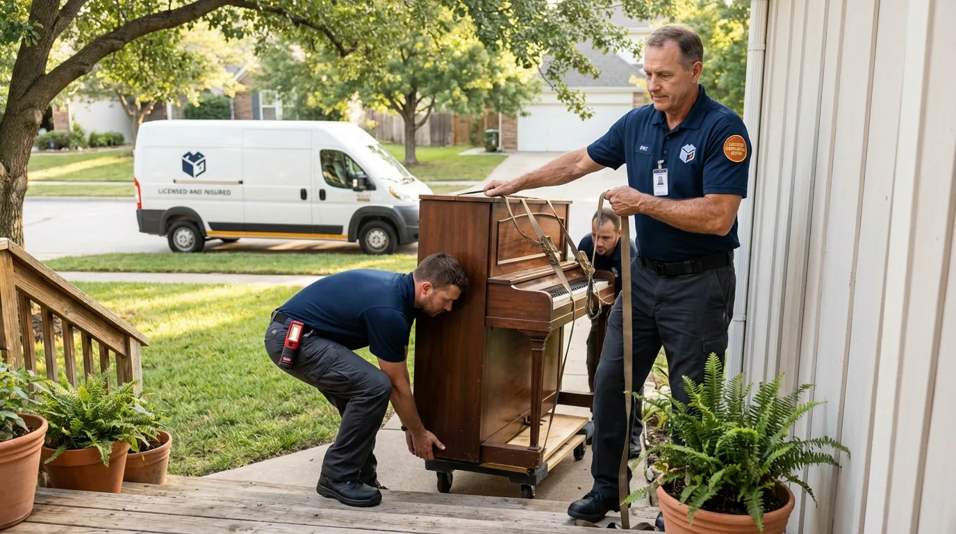 Licensed piano movers securing grand piano in Grantsburg, WI