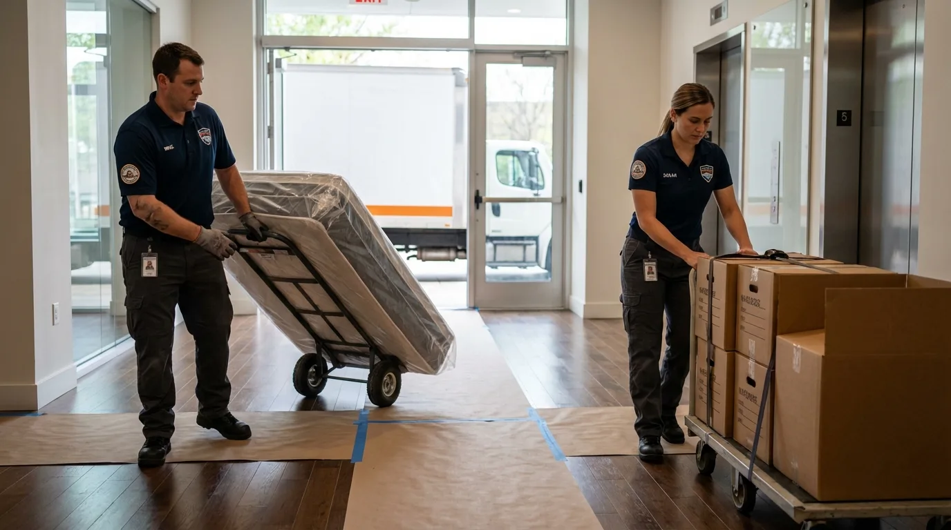 Professional apartment movers loading elevator in Grantsburg, WI