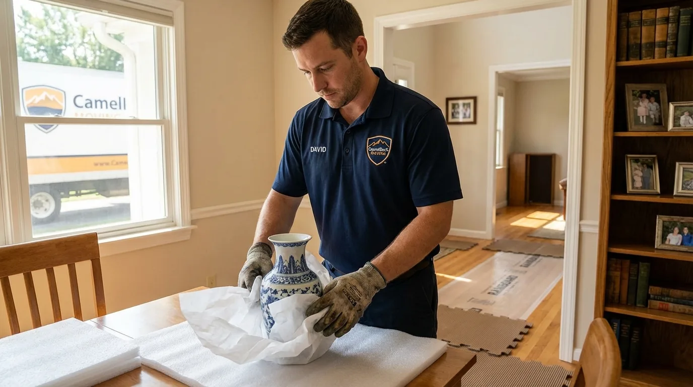 Professional crew carefully wrapping antique vase for senior downsizing move in Grantsburg, WI