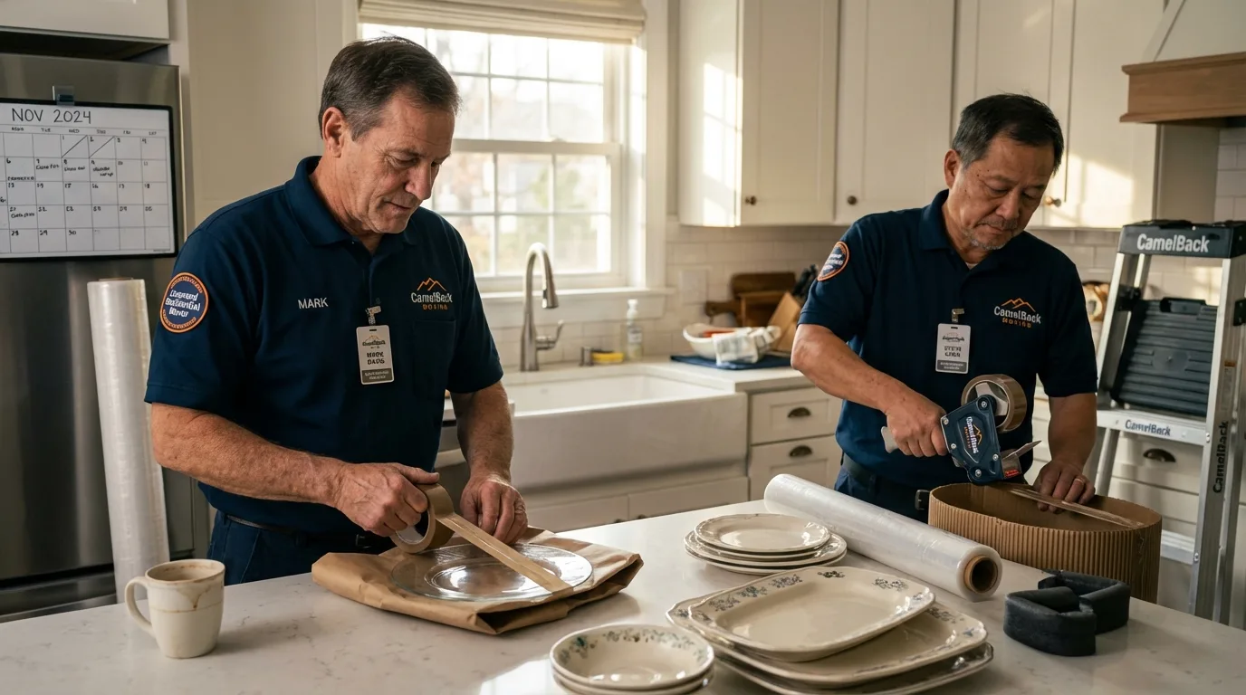 Professional crew packing kitchen dishware in Grantsburg, WI
